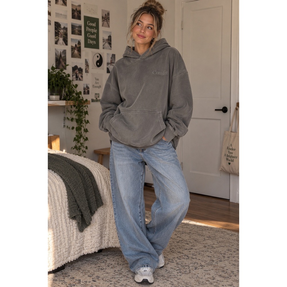 563. Comfrt Good Days Ahead Hoodie Charcoal Gray Oversized Fleece Sweatshirt